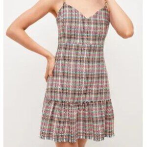 Karen Millen Tweed Denim Mix Chain Strap Multi Color Dress NWT, Size US 6